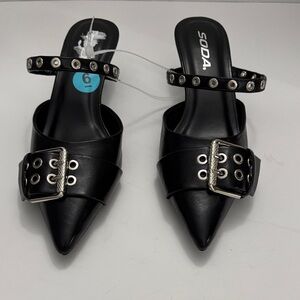 New Soda Black Buckle Studded Mules Size (6)